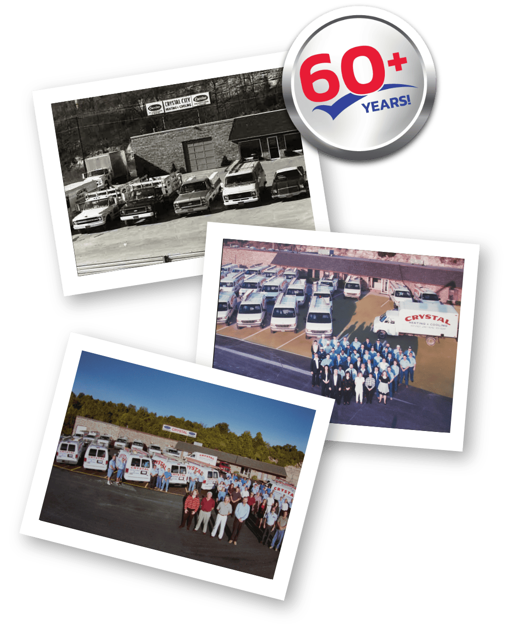 Historic view of Crystal Heating & Cooling's office in 1965 with five service vehicles to today's team and fleet.